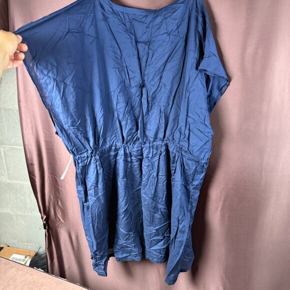 Lands End Women's M-L Deep Sea Navy Sheer Short Sleeve Gathered Waist Swim Dress - Picture 9 of 10